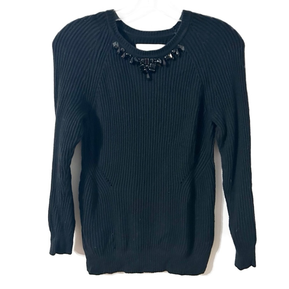 Ann Taylor LOFT Black Ribbed Knit Sweater Crew Neck Beaded Accent Long Sleeves